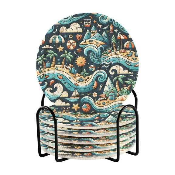 Prints Ocean Blue 6 Pcs Drink Coasters with Holder Absorbent Coasters Woven Coasters for Drinks Table Desk Protection Home Decor