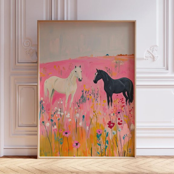 Prints of cowboy horses in a flower garden | "Long Live the Cowboy" print | Classic Boho-style horse print | Rural landscape print 12x18 UNFRAMED.
