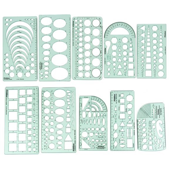 Printtoo 10 Pcs Geometry Drafting Template Set with Rulers, 2 mm Acrylic Multi Shape Stencils for Circles Ellipses Arcs Rectangles Polygons Technical Drawing Engineering Architecture School Office
