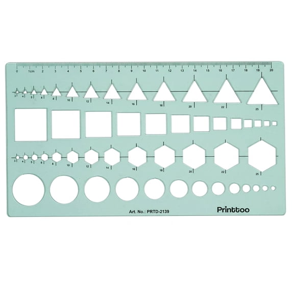 Printtoo 2 mm Thick Geometric Drawing Template Ruler, Transparent Green Acrylic Drafting Stencil with Triangle, Square, Hexagon & Circle Shapes, Metric Scale Ideal for Engineering, School & Office