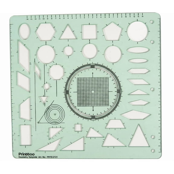 Printtoo 2 mm Thick Geometry Template Ruler, Transparent Green Acrylic Drafting Stencil with Circle, Triangle, Square & Polygon Shapes, Metric Scale for Engineering & Design