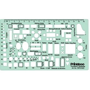 Printtoo 2mm Thick Architectural Furniture Template Stencil, 18 x 10.2 cm, Reusable Transparent Green Acrylic Drafting Tool for Floor Plan, Interior Layout, Home Furnishing & Bath Design