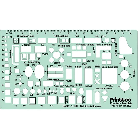 Printtoo 2mm Thick Architectural Furniture Template Stencil, 18 x 10.2 cm, Reusable Transparent Green Acrylic Drafting Tool for Floor Plan, Interior Layout, Home Furnishing & Bath Design