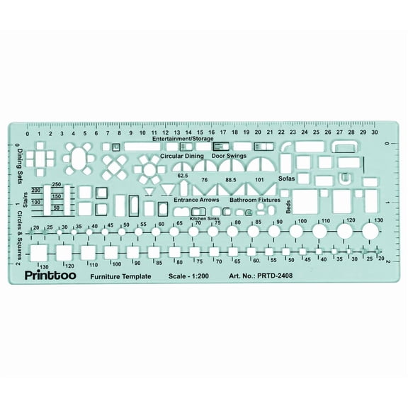Printtoo 2mm Thick Furniture Layout Drafting Template for Interior Design and House Plan Drawing, Scale 1:200 Architect Stencil with Ruler for Beds Sofas Doors Dining Sets Kitchen Bath Planning.