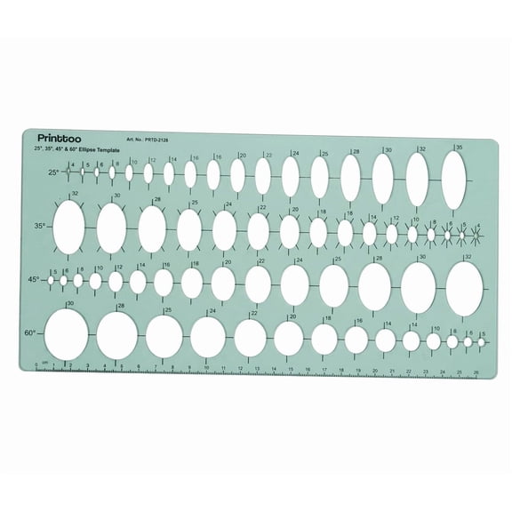 Printtoo 2mm Thick Plastic Multi Angle Ellipse Drafting Template with Ruler, 60 Degree Oval Drawing Stencil for Technical Drawing, Geometry, Architecture, Engineering, Design Layout & DIY Crafts.