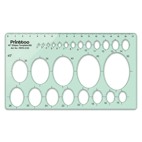Printtoo 45 Degree Ellipse Template with 26 Sizes, 2 mm Drafting Stencil with Metric Ruler and Center Lines, Transparent Geometric Drawing Guide for Architecture, Design, School and Office Use