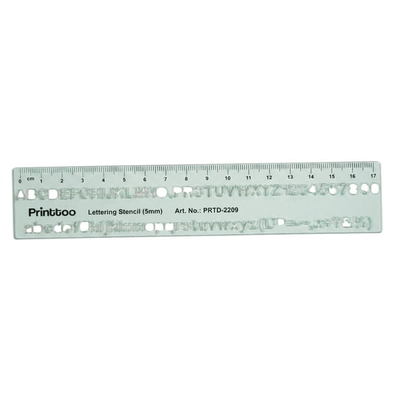 Printtoo 5 mm Lettering Stencil with Uppercase Lowercase Numbers and Symbols, 2 mm Thick Transparent Alphabet Drafting Template with Ruler for Labeling, Sign Making, Art, School and DIY Projects
