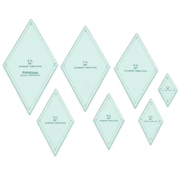 Printtoo 7 Piece Diamond Quilting Template Set for Patchwork Applique Fabric Cutting, 60 Degree 2 3 4 5 6 7 8 Inch 2 mm Acrylic Quilt Rulers, Sewing Block Pattern DIY Craft Tools