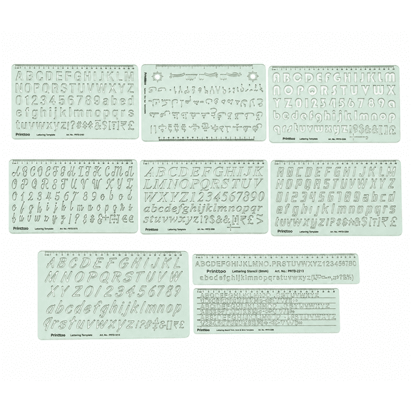 Printtoo 9 Pcs Acrylic Lettering Templates Kit, 2mm Reusable Letter Stencils with Alphabet, Numbers & Symbols for Drafting, Calligraphy, Signs, School Projects, Art and Craft Drawing