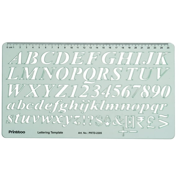 Printtoo Alphabet Lettering Template Ruler, 2 mm Transparent Green Acrylic Alphabet & Number Stencil, Uppercase Lowercase Letter, Symbols and Scale for Drawing, Poster Making, School Kid, Art & Craft