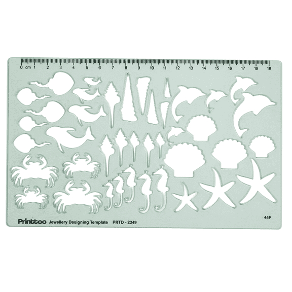 Printtoo Aquatic Jewellery Designing Template Stencil, 2mm Thick Transparent Green Acrylic Drawing Ruler with Marine Shapes, Educational Tracing Tool for Kids, Students, Art, Craft DIY & Design