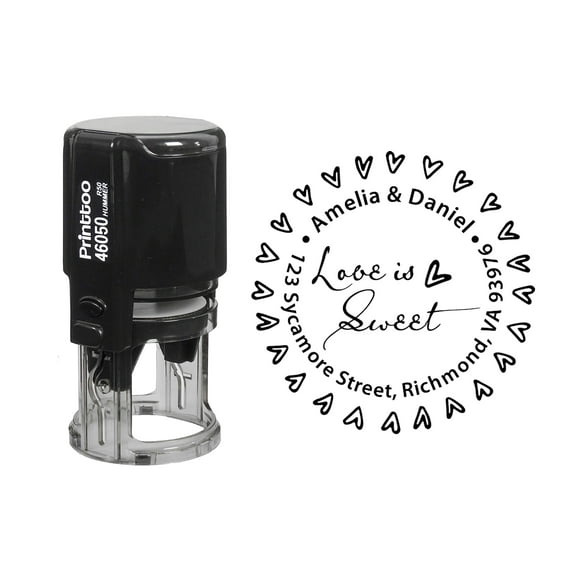 Printtoo Black Love Is Sweet Address Personalized Self Inking Address Rubber Heavy Duty Stamp Love Is Sweet Round Custom&nbsp;Stamper-50 mm Diameter