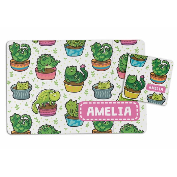 Printtoo Cactus Cat Print Personaized Gift For Kids Placemat & Coaster Set For Girls,Boys Gift,Christmas Gift-8x11.5 Inch