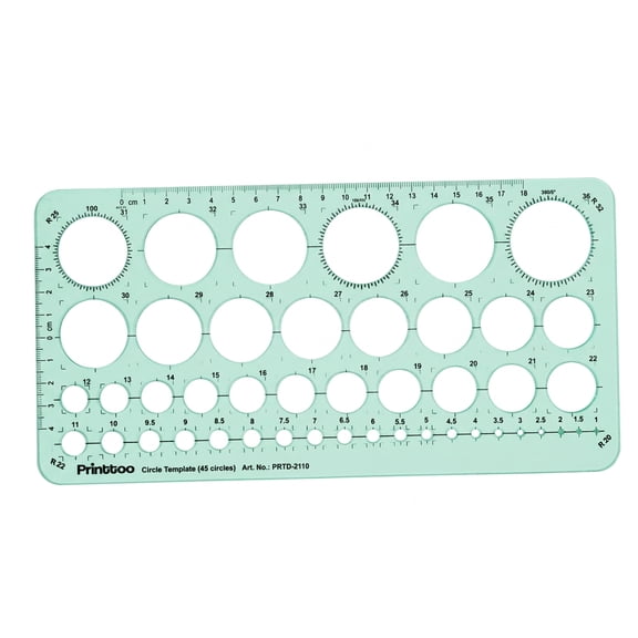 Printtoo Circle Template Ruler, 45 Circle Sizes, 2 mm Transparent Green Acrylic Reusable Geometric Drawing Stencil with Measurement Scale for Drafting, Geometry, Art, School & Office