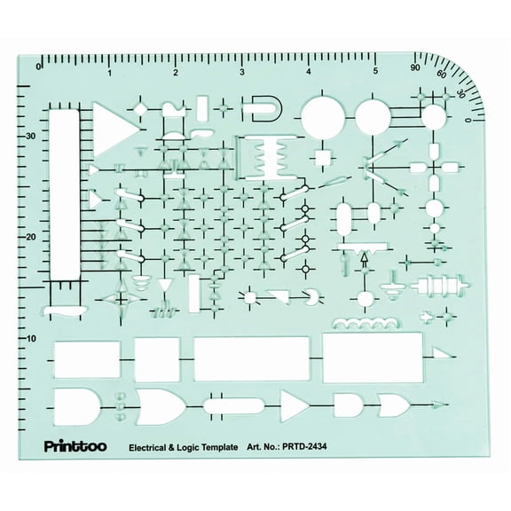 Printtoo Circuit Diagram Drafting Stencil for Electrical & Logic Symbols, 2mm Transparent Engineering Template Ruler with Logic Gates, Electronic Component, Angle Guide and Scale