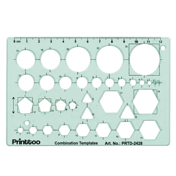 Printtoo Combination Geometric Template Ruler, 2 mm Clear Green Acrylic Drawing Stencil with Circles, Triangles, Pentagons and Hexagons, Measuring Scale for Students, Drafting, Art and School