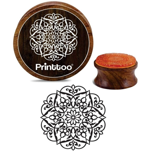 Printtoo Craft Textile Floral Mandala Pattern Round Wooden Rubber Stamp Card Making Stamps-3 Inch