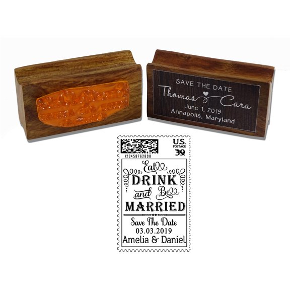 Printtoo Custom Eat Drink & Be Married USA Postal Stamp Design Save The Date Wood Mounted Rubber Stamp