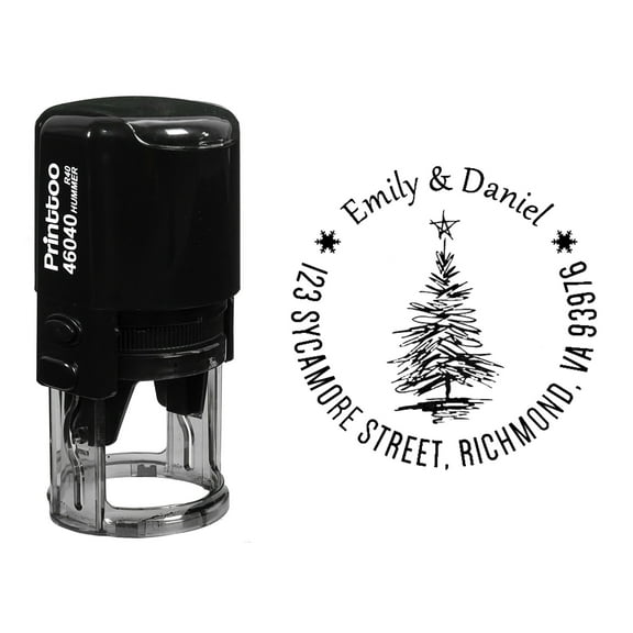 Printtoo Custom Round Return Address Self Inking Rubber Stamp Christmas Tree Personalized Stamper-Black