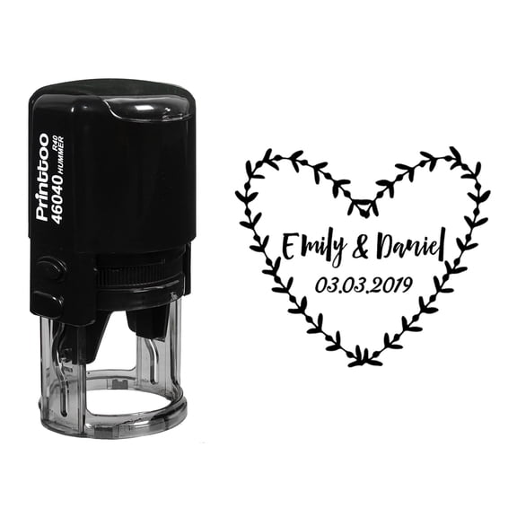 Printtoo Custom Round Wedding Invitation Heart Wreath Save The Date Self Inking Rubber Stamp Gift Idea-Black