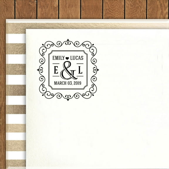 Printtoo Custom Save The Date Rubber Stamp Self Inking Square Swirl Border Personalized Stamper Idea