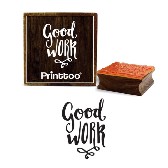Printtoo Diary Card Good Work Square Pattern Wooden Rubber Stamp Brown Block-4 x 4 Inches