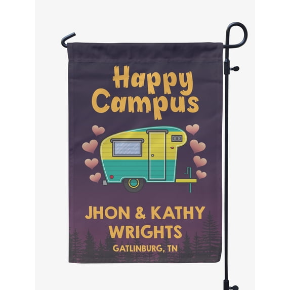Printtoo Eggplant Purple Happy Campus Retro Camp Trailer Personalized Camping Flags For Campers Double Sided CampsiteFlagOutdoor GardenFlags