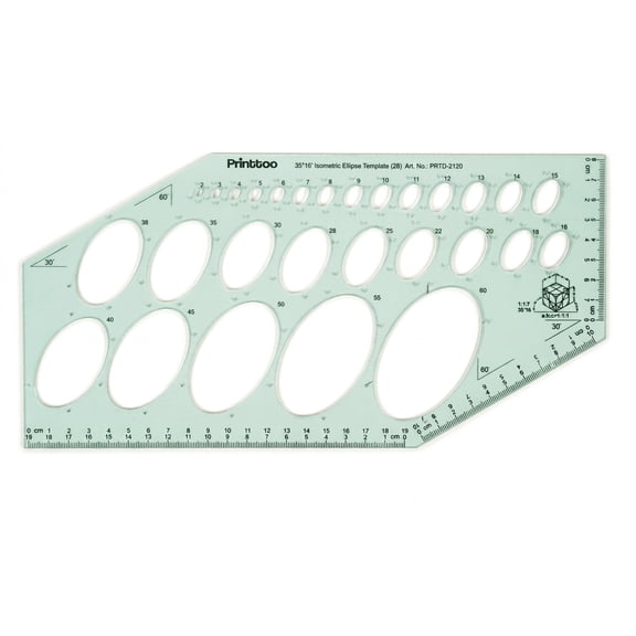 Printtoo Ellipse Template 29.5 x 14.5 cm, 2 mm Acrylic Oval Drafting Stencil with 28 Metric Ellipse Cutouts, 30/60 Degree Guides, Measuring Ruler for Engineering Architecture Design