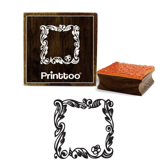Printtoo Floral Leaf Border Frame Card Making Brown Square Wooden Rubber Stamp-4 x 4 Inches