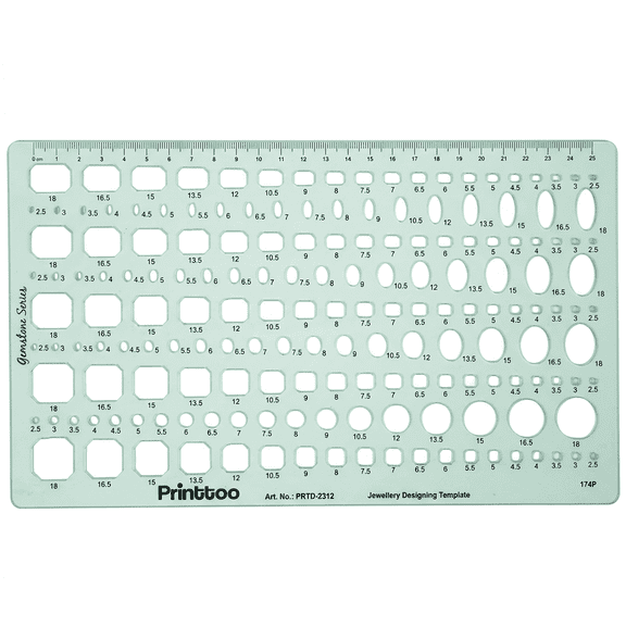 Printtoo Gemstone Jewellery Designing Template, 2mm Thick Transparent Green Acrylic Ruler Stencil, Multi Shape Stone Size Guide (Round, Oval, Emerald, Square), Precision Drafting Tool for Designers