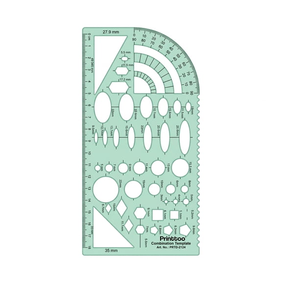 Printtoo Geometric Combination Template, 2 mm Transparent Green Acrylic Drawing Stencil Ruler, Multi Shape Drafting Tool with Protractor, Ellipse, Circle & Polygon Guides For Students & Sketches