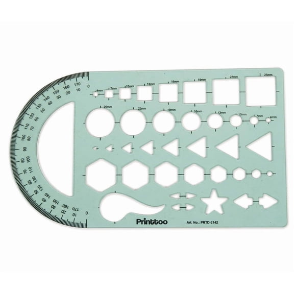 Printtoo Geometric Drawing Template Plastic Stencil 23x13.2 cm - 2mm Multi-Shape Ruler with Circles Squares Triangles Hexagons Arrow & Protractor for Technical Drawing Math Homework Journaling