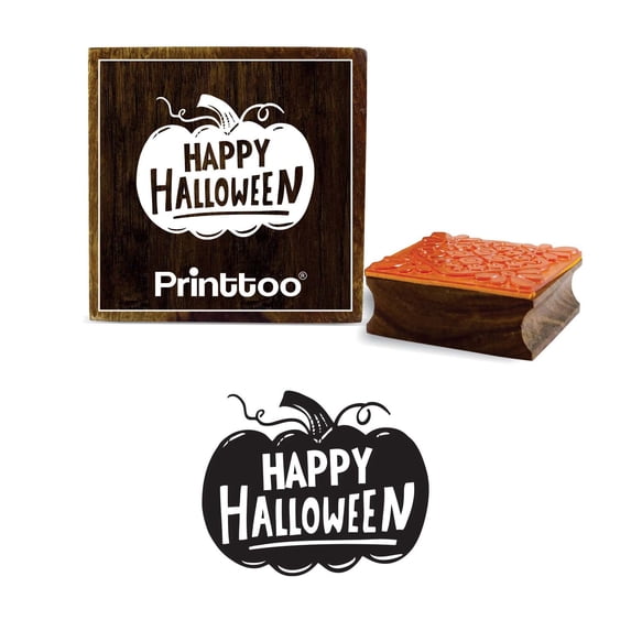 Printtoo Happy Halloween Word Design Card Diary Square Wooden Rubber Stamp-5 x 5 Inches
