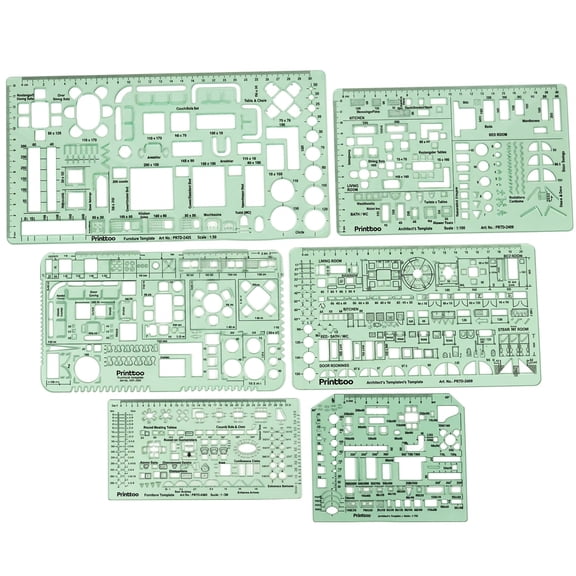 Printtoo House Plan Drafting Kit for Interior Furniture Layouts, 6 Reusable 2 mm Acrylic Architect Stencil Templates with Kitchen Bedroom Bath Symbols, Floor Plan Guides, Office School Design Tools