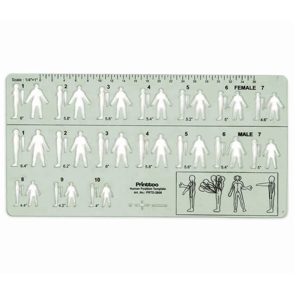 Printtoo Human Position Template, 2mm Acrylic Reusable Male & Female Figure Stencil with Scale Ruler for Architecture Layouts, Drafting, Planning, School Projects, Art and Design Work