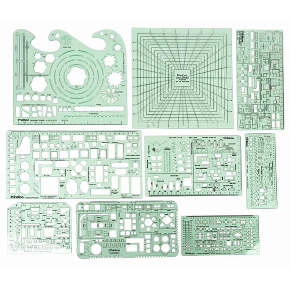 Printtoo Interior Architecture Planning Stencil Collection, House Floor Plan Furniture Kitchen Bath Bed Landscape Perspective Grid Templates, 9 Pcs 2 mm Acrylic Drafting Rulers for Design Students