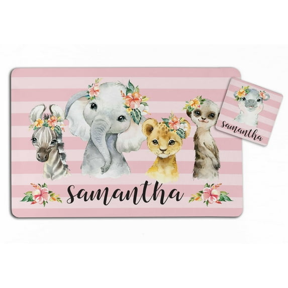 Printtoo Kids Placemat & Coaster Set Personalized Birthday Christmas Gifts For Girls,Stripe & Animals-11x17 Inch