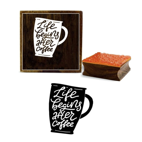 Printtoo Life Begin After Coffee Text On Coffee Mug Design Square Wooden Rubber Stamp-2 x 2 Inches