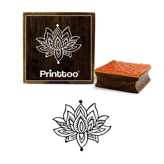 Printtoo Lotus Floral Design Wooden Rubber Stamp Square Brown Craft Block-5 x 5 Inches