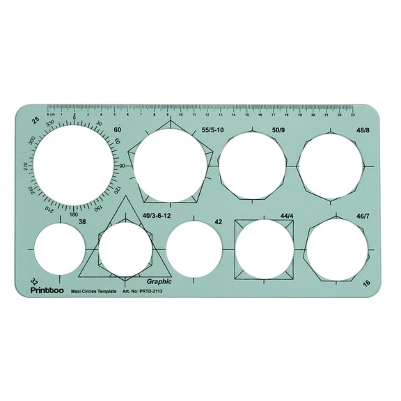 Printtoo Maxi Circles Template Ruler with 9 Circle Sizes, 2 mm Transparent Green Acrylic Lightweight Geometric Drawing Stencil, Reusable Drafting Tool for Art, School, Design, and Office