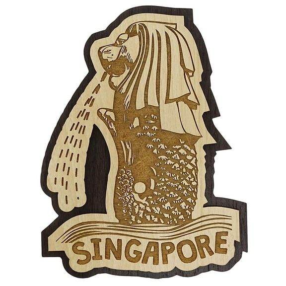 Printtoo Merlion Singapore Engraved Wooden Fridge Magnet Souvenir Gift