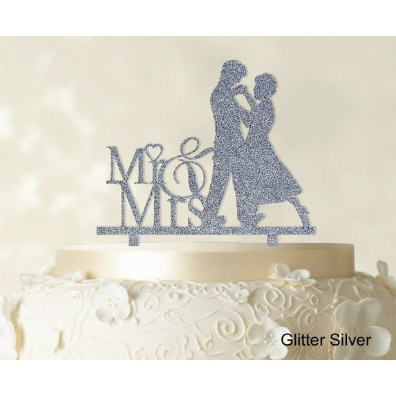 "Printtoo Mr Mrs Wedding Cake Topper Personalized Glitter Silver Cake Topper Color Option Available 5""-7"" Inches Wide"