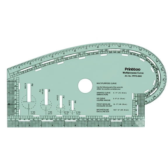 Printtoo Multipurpose Curve Tailoring Template, French Curve Ruler for Pattern Making with Armhole Hip Front and Back Neckline Guides, Metric Scale Grid Reference and 2 mm Transparent Drafting Tool