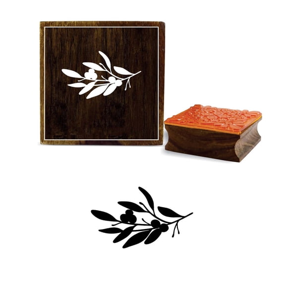 Printtoo Olive Branch With Leaves Design Brown Wooden Rubber Stamp Print Block-2 x 2 Inches