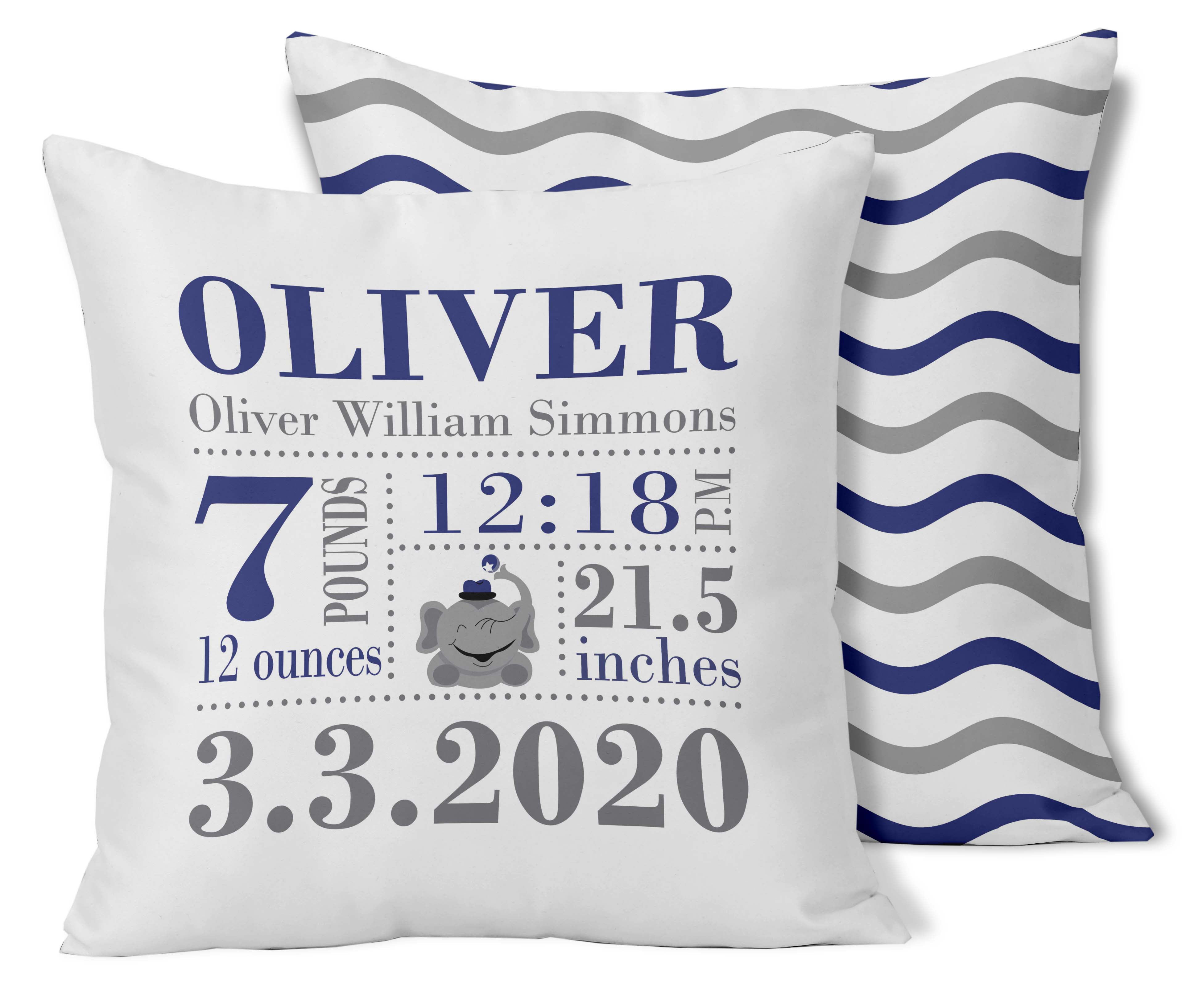 Printtoo Personalized Birth Announcement PillowWith Insert-Custom Baby Elephant BirthStats Baby Boy Gift Nursery Dcor-18x18 Inches