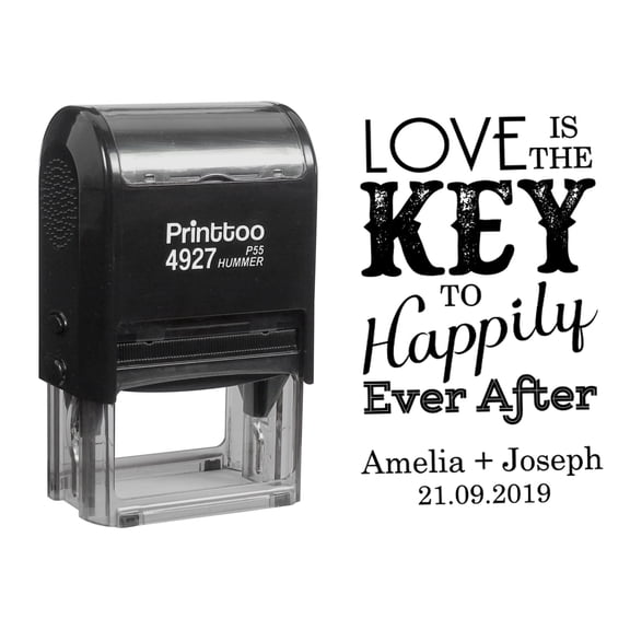 Printtoo Personalized Black Self Inking Love Is The Key To Happily Ever After Opner Favor Stamp Custom Rubber Stamper-60 x 40 mm