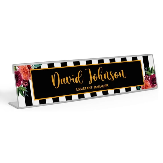 Printtoo Personalized Desk Name Plate Pretty Floral & Stripe Custom Acrylic Office Desk Name Plate Accessory 2x10 Inches