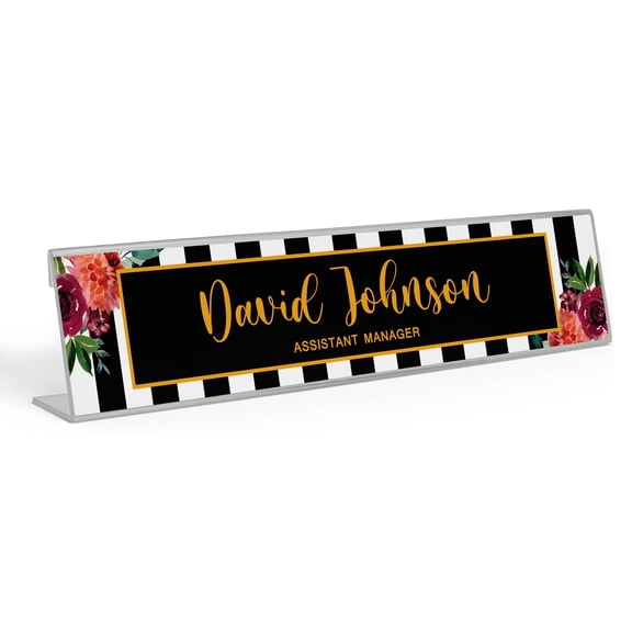 Printtoo Personalized Desk Name Plate Pretty Floral & Stripe Custom Acrylic Office Desk Name Plate Accessory 2x8 Inches