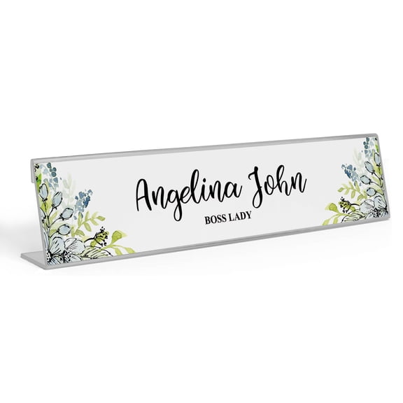 Printtoo Personalized Desk Name Plate Pretty Greenery Prints Custom Acrylic Office Desk Name Plate Accessory 2x10 Inches