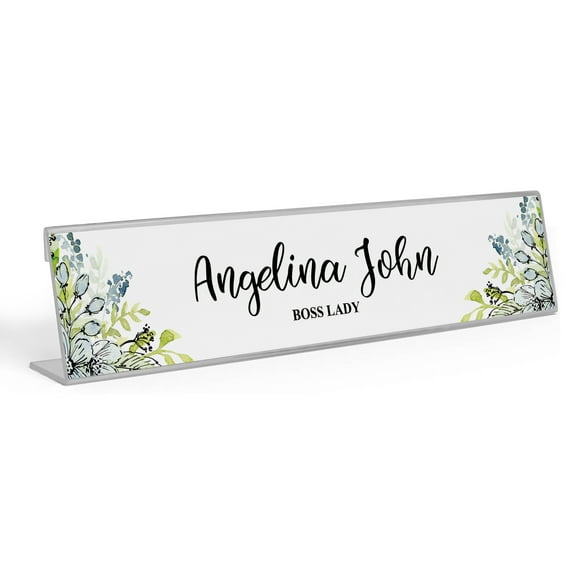 Printtoo Personalized Desk Name Plate Pretty Greenery Prints Custom Acrylic Office Desk Name Plate Accessory 2x8 Inches